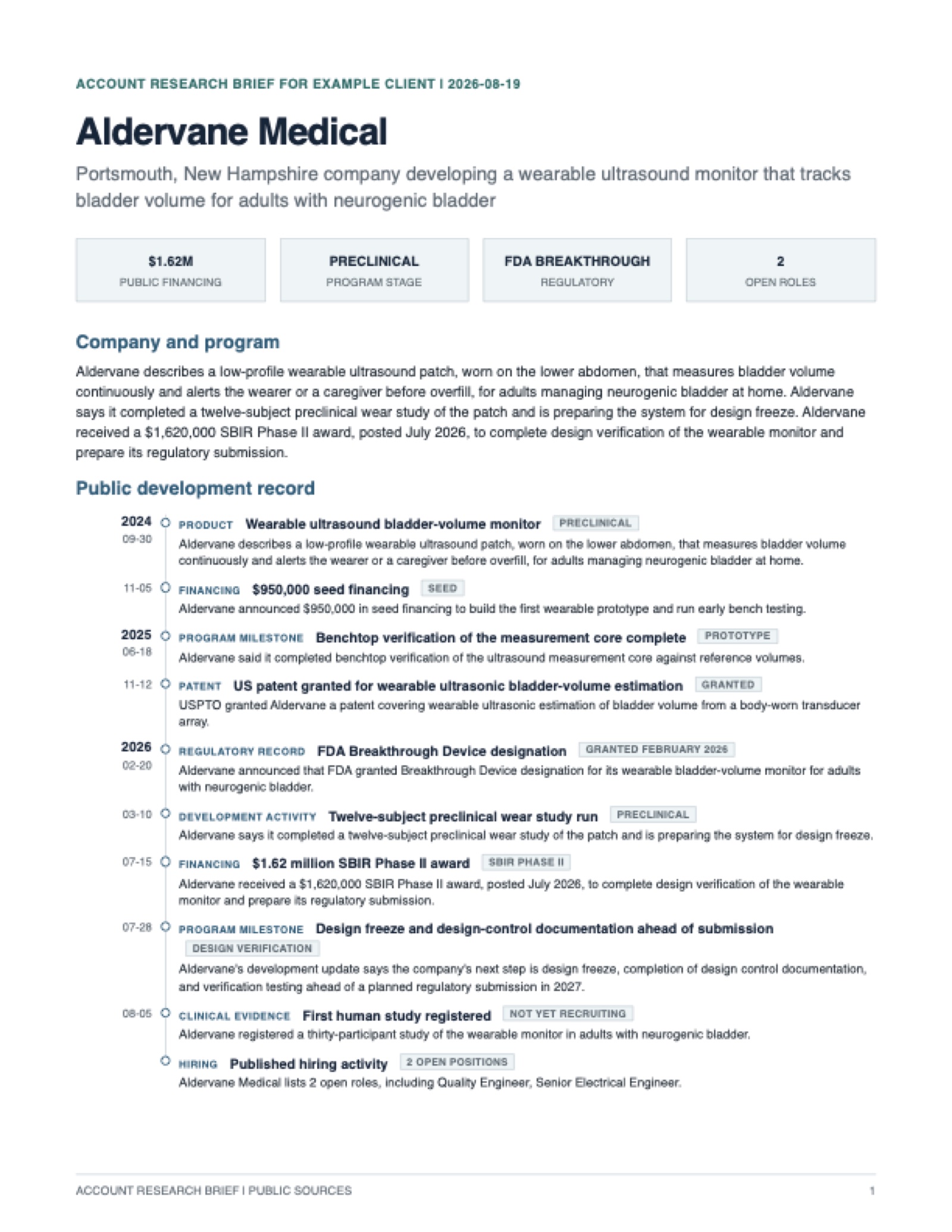 Sample account research brief, page one: headline metrics and the public development record